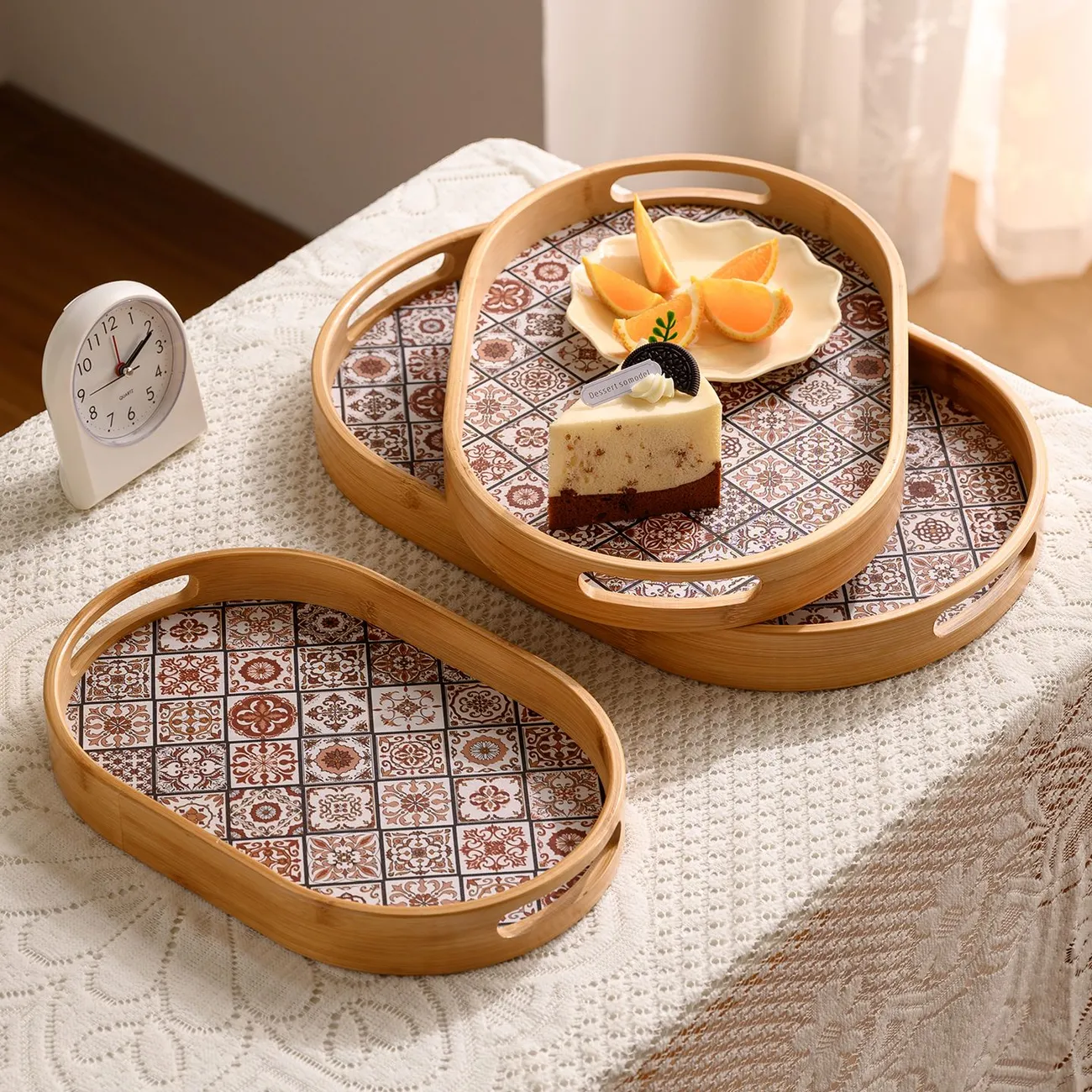 Product Name: Bamboo Oval Tray with Bohemian Pattern