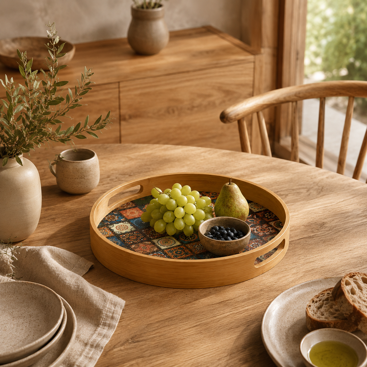 Bamboo Round Tray with Bohemian Geometric Pattern