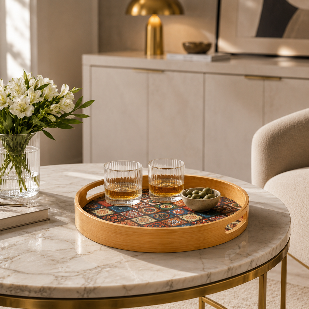 Bamboo Round Tray with Bohemian Geometric Pattern