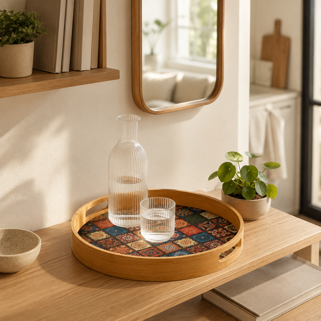 Bamboo Round Tray with Bohemian Geometric Pattern