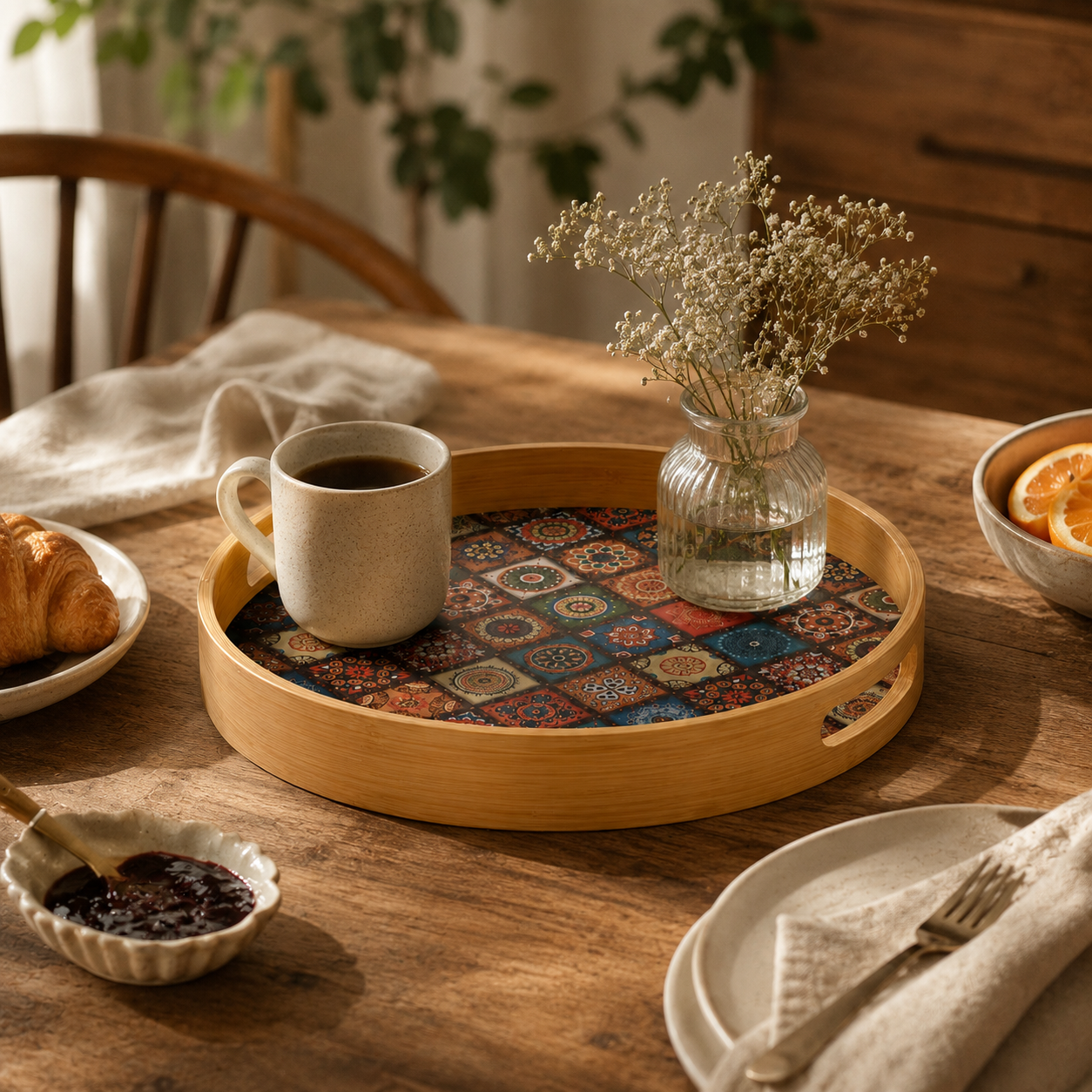 Bamboo Round Tray with Bohemian Geometric Pattern