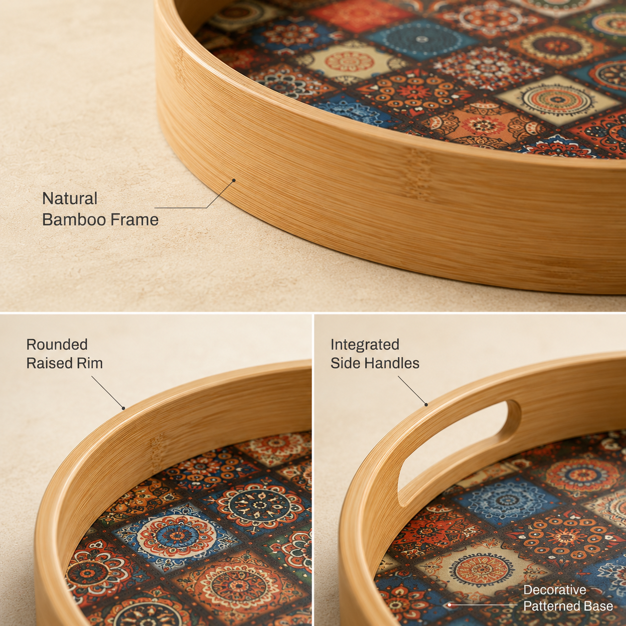 Bamboo Round Tray with Bohemian Geometric Pattern
