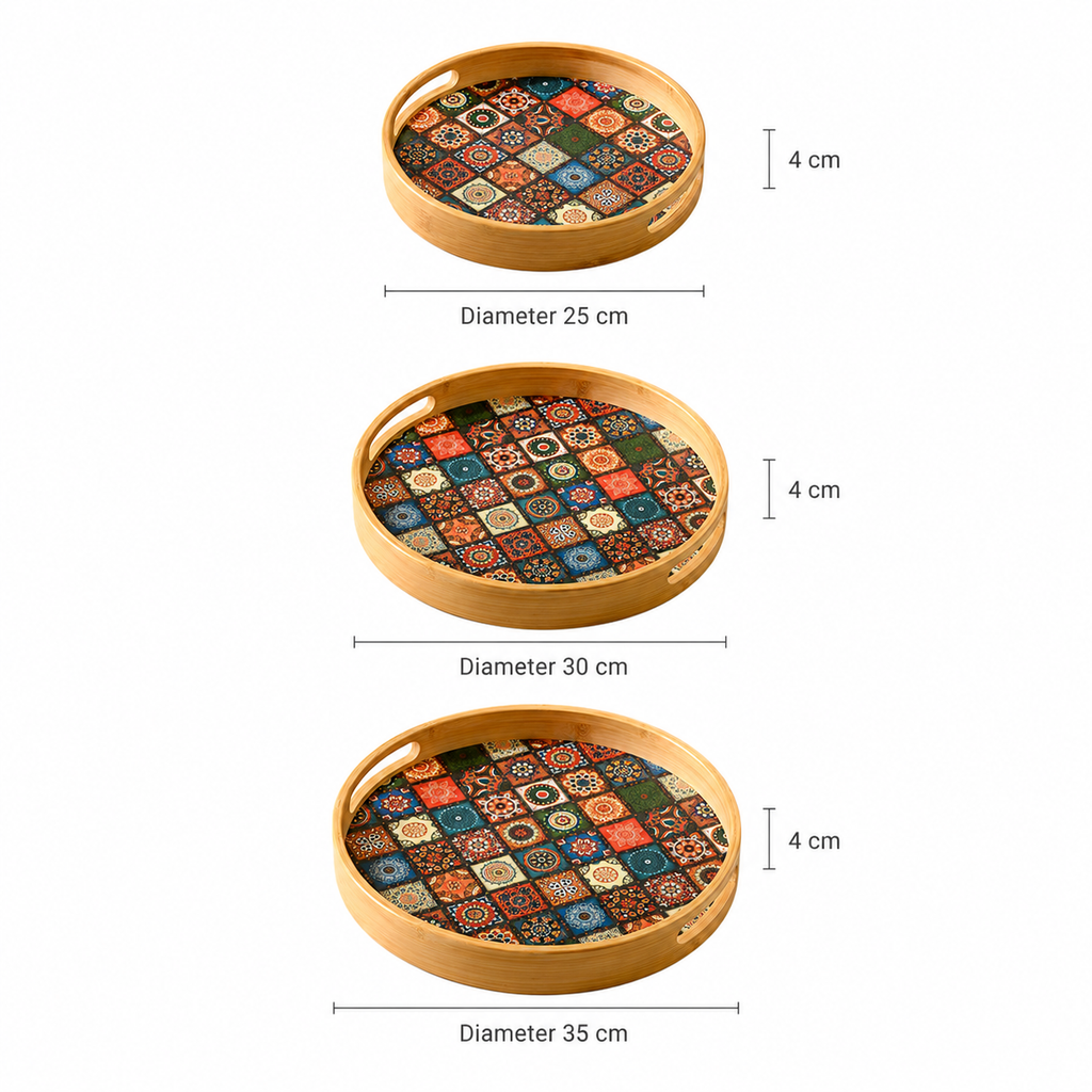 Bamboo Round Tray with Bohemian Geometric Pattern
