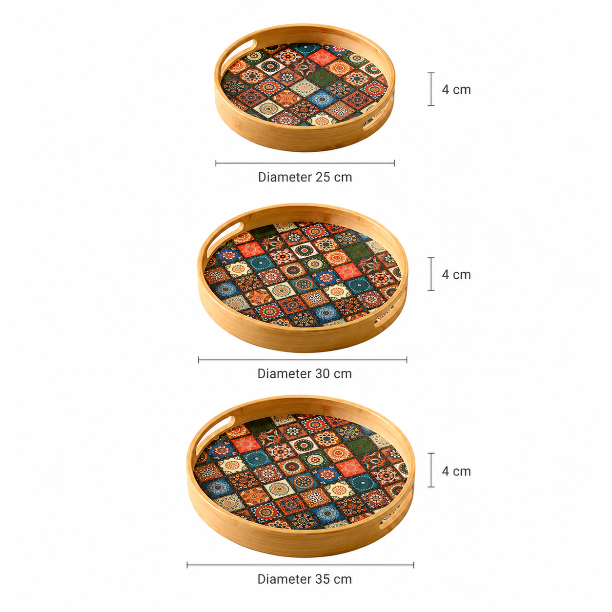 Bamboo Round Tray with Bohemian Geometric Pattern