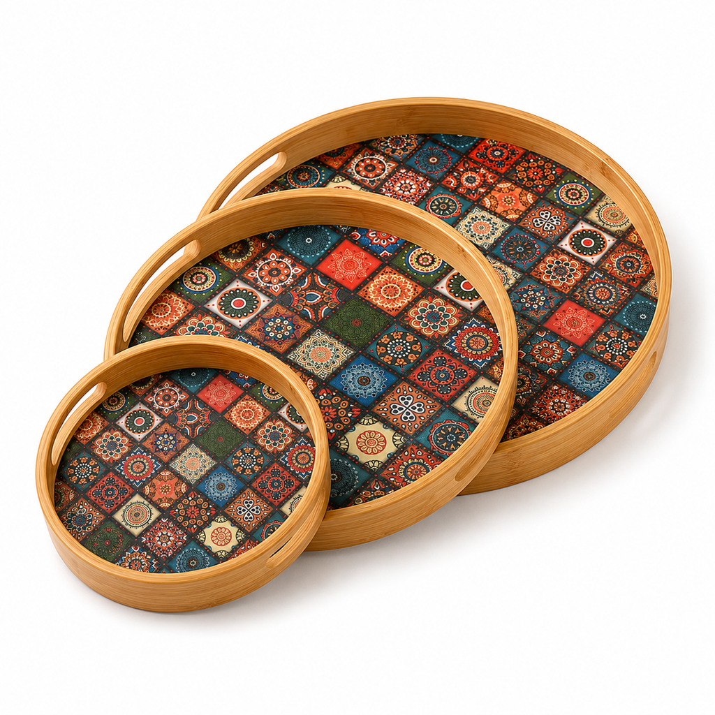 Bamboo Round Tray with Bohemian Geometric Pattern