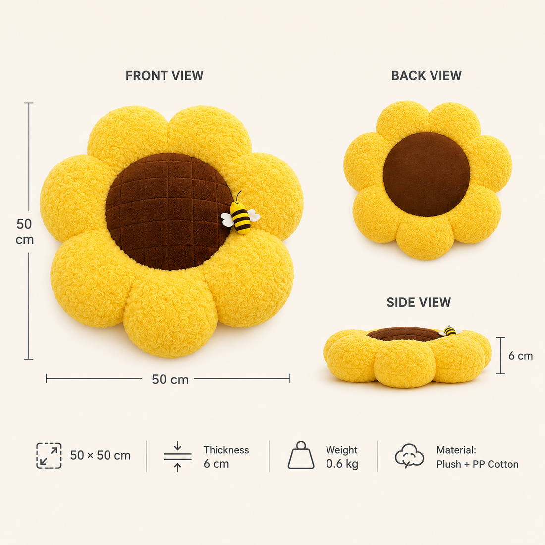 50cm Sunflower Floor Cushion | Plush Flower Seat Pillow