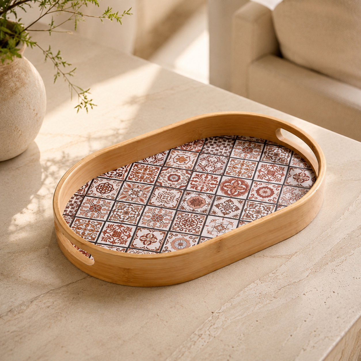 Product Name: Bamboo Oval Tray with Bohemian Pattern