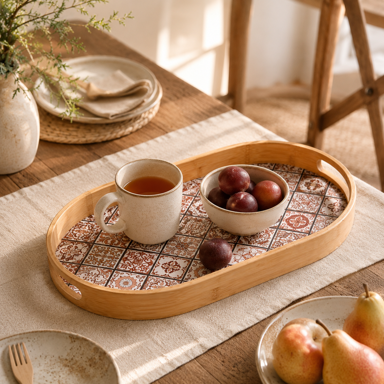 Product Name: Bamboo Oval Tray with Bohemian Pattern