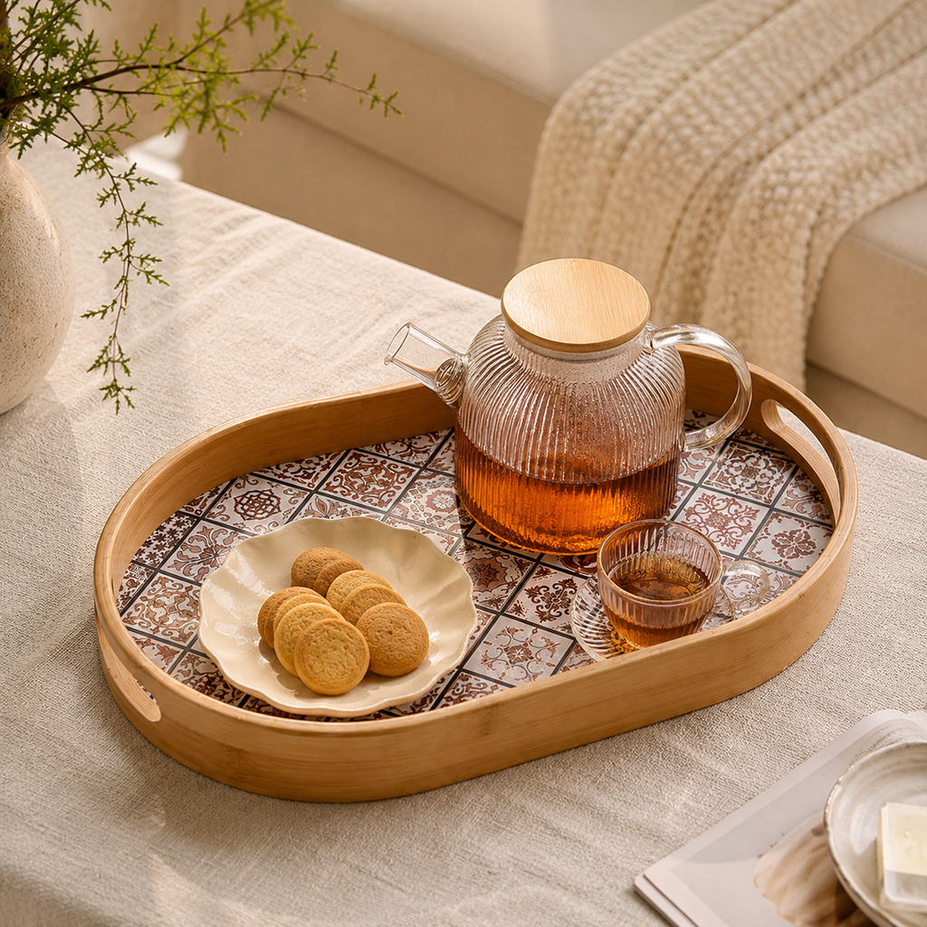 Product Name: Bamboo Oval Tray with Bohemian Pattern
