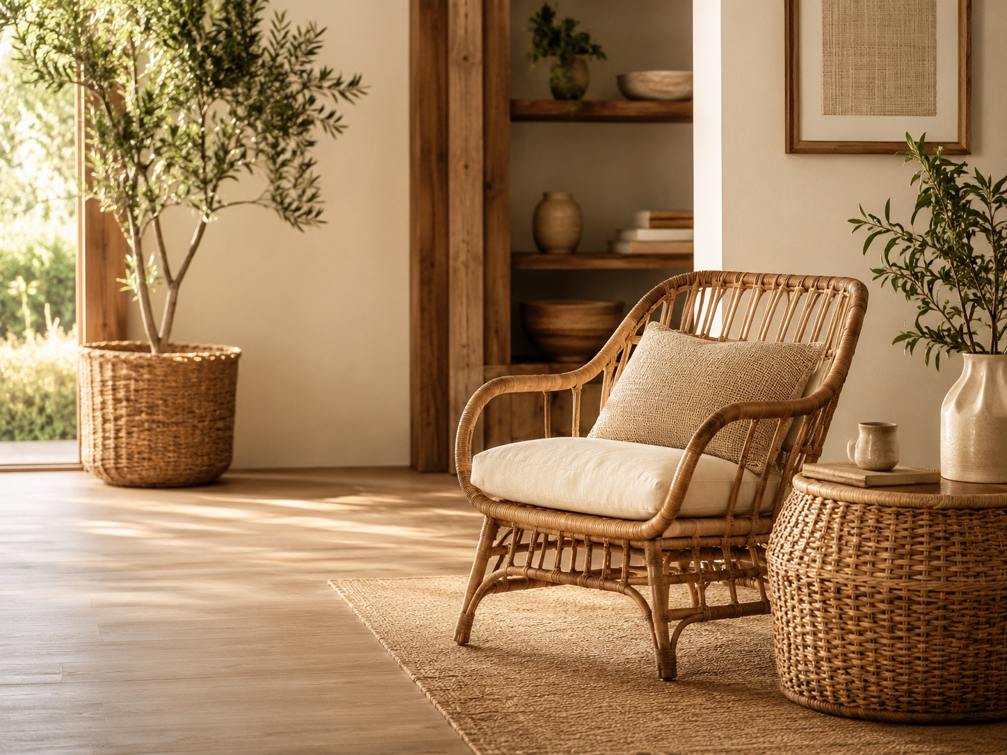 Rattan chair and basket in a warm natural room