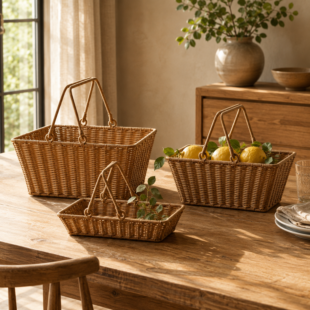 Woven rattan baskets arranged for natural everyday living