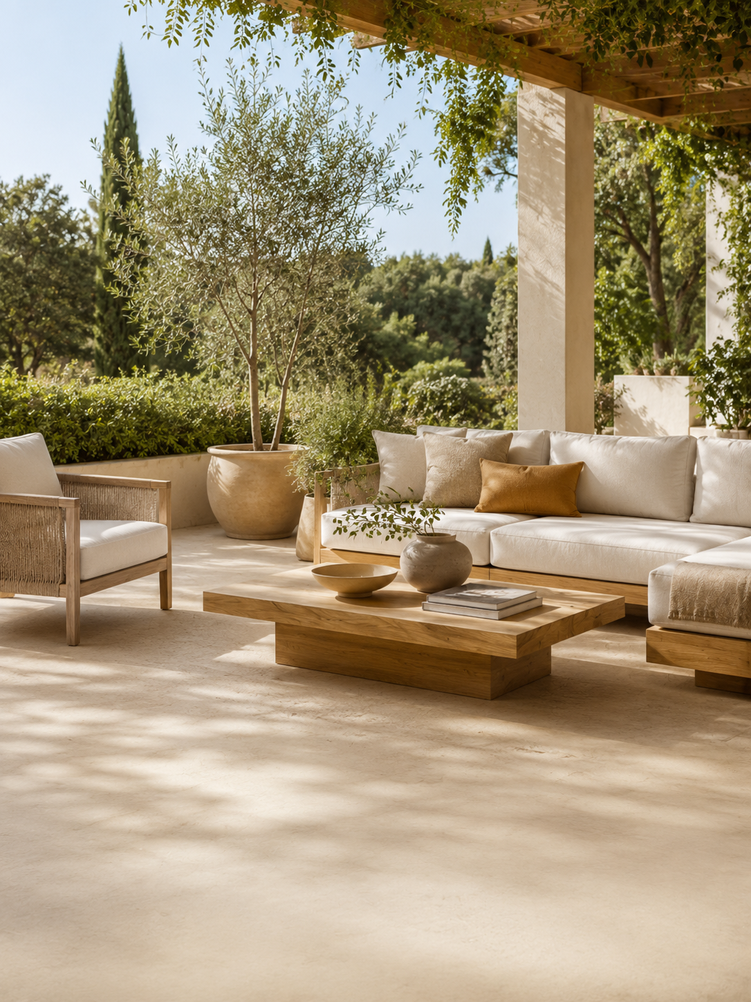 Outdoor living patio with natural furniture and plants